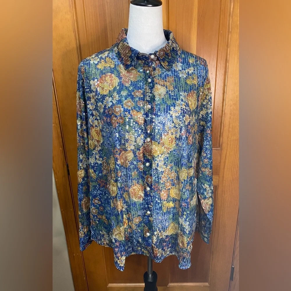 NWT Plus Size Floral Sequin Button-Up Shirt - Picture 2 of 6